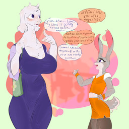 anthro big_breasts breasts clothing dress female fur grey_body grey_fur horn legwear purple_eyes shirt store t-shirt text tights topwear white_body white_fur flup_nyan disney undertale_(series) zootopia judy_hopps toriel lagomorph leporid mammal rabbit 1:1 absurd_res comic english_text hi_res tagme