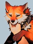 ambiguous_gender black_nose blue_background cheek_tuft collar disembodied_hand duo facial_tuft first_person_view fur human_pov looking_at_viewer orange_body orange_fur simple_background tuft whiskers white_body white_fur falvie canid canine human mammal 2018 digital_media_(artwork) shaded