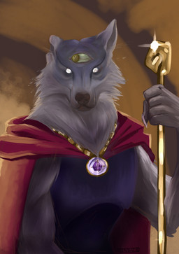 3_eyes anthro cape clothed clothing female fully_clothed jewelry multi_eye pendant solo staff white_eyes zinkiez nintendo the_legend_of_zelda lupay_(tloz) canid canine canis mammal wolf hi_res