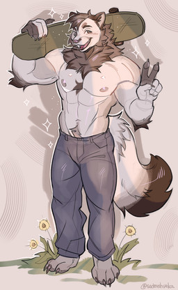 5_fingers abs anthro body_hair bottomwear brown_eyebrows brown_eyes brown_hair brown_pawpads clothed clothing eyebrows fingers flower fur gesture grass hair hand_gesture happy_trail holding_object holding_skateboard male muscular navel nipples open_mouth open_smile pants pants_only pawpads pecs plant skateboard smile solo standing tan_body tan_fur teeth topless v_sign vehicle yellow_flower sadmishutka_(artist) unknown_species absurd_res full-length_portrait hi_res portrait