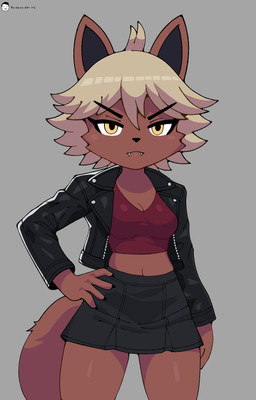 ahoge anthro black_bottomwear black_clothing black_skirt bottomwear breasts brown_body brown_fur claws cleavage clothed clothing fangs female fluffy fluffy_tail fur grey_background hair hand_on_hip jacket leather leather_clothing leather_jacket leather_topwear miniskirt navel open_clothing open_jacket open_topwear simple_background skirt solo tail teeth text topwear white_hair yellow_eyes voider_(artist) bully_fox bully_fox_(robbie) canid canine fox mammal 2026 absurd_res artist_name digital_media_(artwork) hi_res
