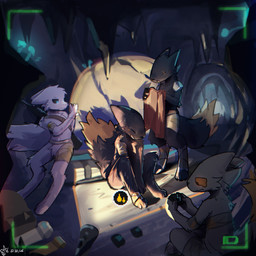 ambiguous_gender annoyed anthro bandage bandaged_arm bandaged_chest bandaged_foot bandaged_leg battery black_body black_fur black_sclera blood blue_eyes blue_pupils bodily_fluids breath camera camera_hud camera_overlay cave claws colored_blood crotch_tuft crying digitigrade dipstick_tail dorsal_fin drying drying_fur ears_back eye_scar facial_scar feet fin flashlight fluffy fluffy_tail fungus fur group guilt gun handpaw hindpaw light light_beam looking_at_another lying male markings mostly_nude mushroom neck_tuft on_ground on_side open_mouth open_smile outside pawpads paws pivoted_ears plant pupils ranged_weapon recording rifle sad scar semi-anthro shadow shaking_off_water shielding shoulder_armor sitting sitting_on_ground smile stalactite status_effect tail tail_markings tears towel tuft unusual_blood unusual_bodily_fluids video_camera weapon wet wet_body wet_fur white_body white_fur yellow_blood yellow_sclera yellow_tail_tip saturnsamo casualties:_unknown equinox_(saturnsamo) filmy_(saturnsamo) fluor_(saturnsamo) tide_(saturnsamo) canid canine expie_(gunsawian) fox gunsawian hybrid mammal milky_(gunsawian) murid murine rat rodent 2026 dated hi_res signature story story_in_description