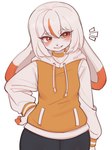 anthro anthrofied blush breasts choker clothed clothing emanata female female_anthro floppy_ears fur hair hand_on_hip hoodie jewelry kemono lop_ears necklace orange_body orange_fur pokemorph short_hair small_breasts solo topwear white_body white_fur white_hair acorn_furry nintendo pokemon generation_8_pokemon lagomorph mammal pokemon_(species) scorbunny 2024 digital_media_(artwork) half-length_portrait hi_res portrait