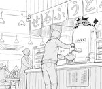 ambiguous_gender anthro biped bottomwear bowl clothing coat container denim denim_bottomwear denim_clothing detailed_background female food group hood jeans long_skirt male pants restaurant scarf shirt skirt topwear oribiyo nijisanji vtuber contractor debidebi_debiru demon human mammal greyscale hi_res monochrome