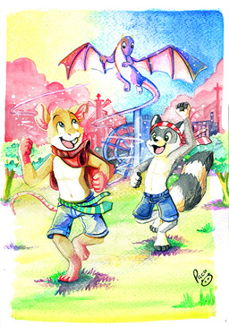 ambiguous_feral ambiguous_gender anthro blue_bottomwear blue_clothing blue_eyes blue_pants bottomwear clothed clothing feral fur grass green_eyes grey_body grey_fur group logo looking_up male male_anthro membrane_(anatomy) membranous_wings navel open_mouth open_smile outside pants pink_wings plant playful purple_body running smile tan_body tan_fur topless tree trio white_body white_fur wings young young_anthro young_male pandapaco mythology dragon mammal mouse murid murine mythological_creature mythological_scalie procyonid raccoon rodent scalie artist_logo signature