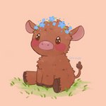 blue_flower blue_text blush brown_body brown_eyes brown_fur brown_hooves brown_tail_tuft cheek_tuft chest_tuft ears_down facial_tuft female feral flower flower_crown fur grass heart_after_signature heart_in_signature heart_symbol hooves leaf pink_inner_ear pink_nose pivoted_ears plant simple_background sitting solo tail tail_tuft tan_background text text_with_heart tuft young young_female young_feral spiritu bovid bovine cattle mammal calf_(disambiguation) 1:1 hi_res signature