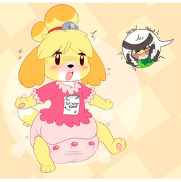 anthro beak bell big_diaper blush bodily_fluids bow_tie clothing crying_laughing diaper embarrassed eyes_closed female floppy_ears fluffy fluffy_tail frilly frilly_clothing fur hair laugh laughing_at_another nervous nervous_sweat note orange_body orange_fur paper_clip pawpads poof solo sweat tail tears text tied_hair white_body white_fur wings yellow_body yellow_fur bougie animal_crossing nintendo blathers_(animal_crossing) isabelle_(animal_crossing) avian bird canid canine canis domestic_dog mammal owl shih_tzu toy_dog hi_res