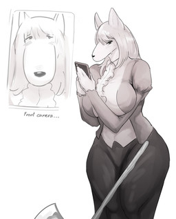 anthro axe big_breasts blush bodily_fluids breasts cellphone electronics female melee_weapon phone simple_background smartphone solo sweat weapon white_background wide_hips kakhao kemofujin_(comic) kemofujin borzoi canid canine canis domestic_dog hunting_dog mammal sighthound 2021 absurd_res digital_media_(artwork) hi_res