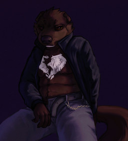 ambiguous_gender anthro clothed clothing fluffy fluffy_chest jacket leather leather_clothing leather_jacket leather_topwear solo topwear unzipped unzipped_pants zipper shuckjaws mammal mink mustelid musteline true_musteline hi_res nonbinary_(lore)