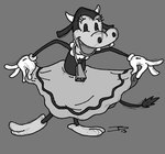 anthro bell black_body black_eyes black_fur bottomwear bovid bovine bowing cattle clarabelle_cow clothed clothing clothing_lift cowbell curtsey disney eyelashes female fleischer_style_toon fur gloves grey_background handwear happy holding_object horn looking_at_viewer low_res mammal monochrome partially_clothed signature simple_background skirt skirt_lift smile solo standing tail_under_skirt toony unknown_artist white_body white_fur