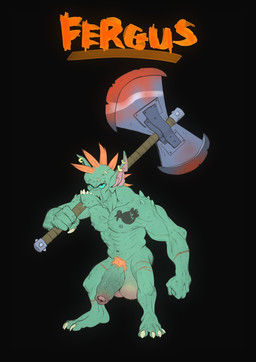 axe balls battle_axe big_balls double_bitted_axe ear_piercing foreskin frown genitals green_body hair humanoid_genitalia humanoid_penis long_ears male melee_weapon navel nipples nude orange_hair penis piercing pubes scar solo spikes text thick_penis vein veiny_penis weapon zepthehyerian god_of_monsters goblin humanoid character_name hi_res