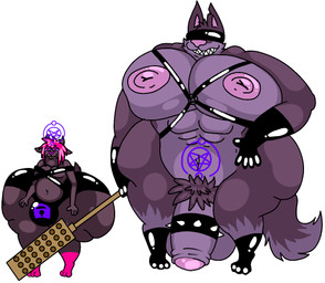 accessory anthro balls bdsm big_penis chastity_bulge chastity_device clothing cock_ring duo genitals huge_penis humanoid_genitalia humanoid_penis hyper hyper_genitalia hyper_penis jewelry latex latex_clothing lock_bulge lock_symbol male male/male moobs muscular muscular_male null_bulge paddle penis penis_accessory penis_jewelry sadistic_smile malgluor domanomon_(malgluor) humrear_(malgluor) bovid canid canine canis caprine demon mammal sheep wolf