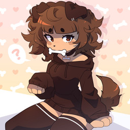 ahoge anthro bangs bone_in_mouth brown_body brown_clothing brown_eyes brown_fur brown_hair brown_hoodie brown_legwear brown_stockings brown_tail brown_topwear clothing collar ear_piercing eyelashes female floppy_ears fur hair hoodie legwear looking_at_viewer piercing question_mark short_hair simple_background sitting solo stockings tail topwear typh mimi_(typh) canid canine canis domestic_dog mammal 1:1 2026 absurd_res colored digital_drawing_(artwork) digital_media_(artwork) hi_res shaded