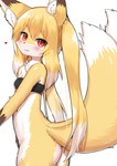 2_tails anthro blonde_hair blush bottomless breasts brown_body brown_fur butt cleavage clothed clothing countershading cute_fangs dipstick_ears dipstick_tail ear_markings fangs female female_anthro fur hair heart_symbol inner_ear_fluff kemono long_hair looking_at_viewer markings multi_tail multicolored_body multicolored_ears multicolored_fur multicolored_hair multicolored_tail red_eyes simple_background small_breasts solo tail tail_markings teeth topwear tube_top tuft twintails_(hairstyle) white_background white_body white_fur white_hair yellow_body yellow_fur horokusa0519 nio_(horokusa) canid canine fox mammal 2022 digital_media_(artwork) hi_res portrait three-quarter_portrait