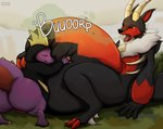 ambiguous_gender anthro belly big_belly black_body black_clothing black_fur black_hoodie black_nose black_topwear burp_cloud burping cheek_tuft clothing duo eyes_closed facial_tuft fur hoodie horn hug huge_belly male mouth_closed nude open_mouth purple_body red_body red_fur red_tongue side_view sitting size_difference standing text tongue tongue_out topwear tuft vore yellow_horn roobin mythology palworld pocketpair dragon incineram leezpunk mythological_creature mythological_scalie pal_(species) scalie species_request artist_name hi_res