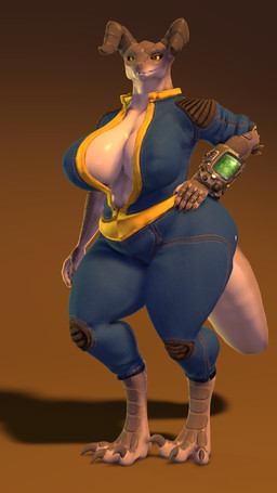 3_toes 5_fingers anthro belly big_breasts big_tail black_sclera breasts claws cleavage clothed clothed_anthro clothed_female clothing digitigrade feet female fingers hand_on_hip hand_on_own_hip horn huge_breasts huge_hips huge_thighs orange_eyes pip-boy scales sharp_teeth simple_background solo tail teeth thick_thighs toes vault_suit wide_hips thevestige vulgarvictor_(modeler) fallout microsoft mommyclaw_(vulgarvictor) deathclaw scalie 3d_(artwork) 9:16 digital_media_(artwork) hi_res source_filmmaker_(artwork)