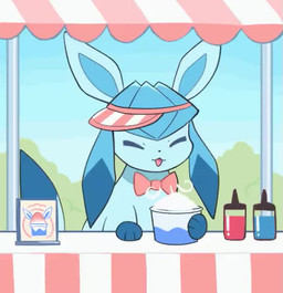 ambiguous_gender blue_body blue_eyes blue_fur blush bow_tie cutlery dessert ear_twitch embarrassed feral food fur headgear kitchen_utensils paws shaved_ice solo spoon tools komanyachi nintendo pokemon eeveelution generation_4_pokemon glaceon pokemon_(species) 2025 animated digital_media_(artwork) loop no_sound short_playtime video