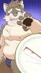 anthro asian_clothing belly blue_eyes blush bodily_fluids brown_body brown_fur clothing east_asian_clothing embarrassed eyebrows facial_scar fundoshi fur japanese_clothing male musclegut muscular navel nipples pawpads pecs scar solo sweat thick_eyebrows underwear weighing_scale tullys_dallies lifewonders tokyo_afterschool_summoners moritaka_(tas) canid canine canis domestic_dog mammal 9:16 hi_res