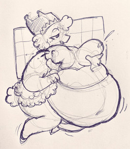 belly big_belly big_breasts bodily_fluids breast_grab breasts clothing female fool's_hat half-closed_eyes hand_on_breast hat headgear headwear huge_belly lactating motion_lines narrowed_eyes navel nipples not_furry obese obese_female obese_humanoid open_mouth overweight overweight_female overweight_humanoid simple_background sweat sweatdrop white_background wolfgirl9million deltarune undertale_(series) rosalia_(bearnaise) darkner humanoid mizzle_(deltarune) 2025 traditional_media_(artwork) trans_(lore) trans_woman_(lore)