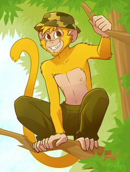 anthro brown_eyes clothed clothing feet fur hat headgear headwear male plant prehensile_feet sharp_teeth smile solo teeth toes topless tree gaelrice haplorhine mammal monkey primate 2014