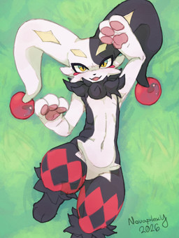 3_fingers 3_toes ambiguous_anthro ambiguous_gender anthro biped black_body black_fur black_nose cheek_tuft facial_tuft featureless_crotch feet fingers fur glistening glistening_eyes grass green_eyes looking_at_viewer lying multicolored_body multicolored_eyes multicolored_fur navel neck_tuft on_back on_grass on_ground open_mouth open_smile pawpads paws pink_pawpads plant pupils red_body red_fur slit_pupils smile smiling_at_viewer solo text toes tongue tuft two_tone_eyes white_body white_fur yellow_eyes novaplexy palworld pocketpair dupin_(pal) pal_(species) 2026 3:4 absurd_res artist_name digital_media_(artwork) hi_res