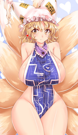 big_breasts biped blonde_hair breasts clothed clothing dipstick_tail female front_view fur glistening glistening_body glistening_skin hair hat headgear headwear heart_symbol light_body light_skin looking_at_viewer markings monotone_hair multi_tail multicolored_tail pattern_background simple_background skimpy small_waist smile solo standing tabard tail tail_markings thick_thighs two_tone_tail wide_hips yellow_body yellow_eyes yellow_fur sup524 touhou ran_yakumo animal_humanoid canid canid_humanoid canine canine_humanoid fox_humanoid humanoid mammal mammal_humanoid absurd_res hi_res portrait three-quarter_portrait