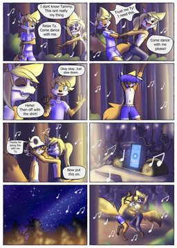 5_fingers anthro blonde_hair blue_eyes clothed clothing dancing duo female female_penetrated fingers group hair male male/female male_penetrating male_penetrating_female musical_note musical_symbol penetration plant sex solo speech_bubble symbol tail text tree undressing_self young young_anthro young_female young_male galo tammy_(tycloud) tycloud canid canine fox mammal absurd_res comic english_text hi_res multiple_scenes cousins_(lore)