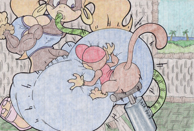 anthro big_butt blonde_hair blue_clothing breasts butt clothing duo female hair hose hose_inflation huge_butt inflation inside looking_back male virus-20 donkey_kong_(series) nintendo diddy_kong tiny_kong haplorhine mammal monkey primate 2015 traditional_media_(artwork)