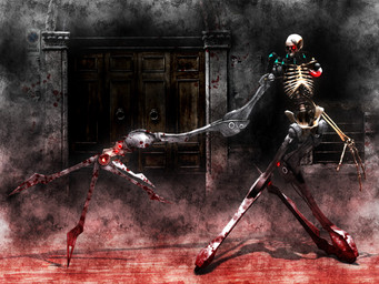 3_fingers ambiguous_gender blood bodily_fluids bone door fingers looking_at_viewer machine mechanical_arm mechanical_leg not_furry pelvis red_eyes ribs skeleton skull solo spine deino_(artist) calne_ca animated_skeleton humanoid robot robot_humanoid undead 2010 3d_(artwork) 4:3 autodesk_3ds_max_(artwork) digital_media_(artwork) full-length_portrait portrait female_(lore)