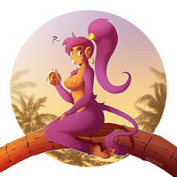 accessory anthro anthrofied areola banana blue_eyes blurred_background breasts chest_tuft crown ear_piercing ear_ring eating feet female fingers food fruit fur hair hair_accessory hair_tie headgear holding_food holding_object in_tree long_hair looking_at_viewer medium_breasts midriff navel nipples nude palm_tree piercing plant ponytail purple_body purple_fur purple_hair question_mark ring_piercing side_view solo tail tan_body tan_skin text tiara toes tree tuft koopacap shantae_(series) wayforward shantae_(monkey_form) haplorhine mammal monkey primate 2024 artist_name digital_media_(artwork) hi_res signature