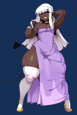 balls biped clothed clothing dark_body dark_skin ear_piercing ear_ring eyelashes femboy footwear genitals high_heels humanoid_pointy_ears legwear male no_underwear not_furry penis piercing pointy_ears pupils purple_clothing ring_piercing shoes smile solo spade_tail tail thigh_highs wide_hips theyeager demon demon_humanoid humanoid absurd_res alpha_channel hi_res