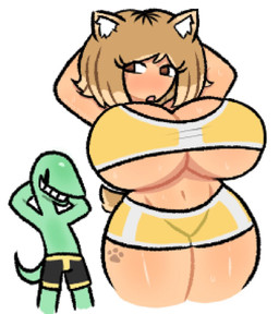 anthro big_breasts black_clothing black_swimming_trunks black_swimwear blonde_hair bodily_fluids breasts brown_eyes cleavage clothed clothing duo exposure_variation eyelashes female glistening_thighs green_body green_scales grin hair hands_behind_head huge_breasts looking_aside male navel scales simple_background smile sweat sweaty_breasts sweaty_legs sweaty_thighs swimming_trunks swimwear text two-piece_swimsuit under_boob white_background yellow_clothing yellow_swimwear hirashotgun animal_humanoid canid canid_humanoid canine canine_humanoid dog_humanoid humanoid lizard mammal mammal_humanoid reptile scalie shiba_inu_humanoid 2025 artist_name digital_drawing_(artwork) digital_media_(artwork) english_description hi_res portrait three-quarter_portrait