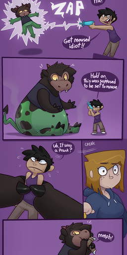 anthro belly big_belly black_hair clothing female group hair horn male oral_vore overweight shirt sitting speech_bubble text topwear transformation trio vore yellow_sclera denaturedalbumin denatured_albumin_(character) bovid bovine human mammal 2025 absurd_res comic english_text hi_res