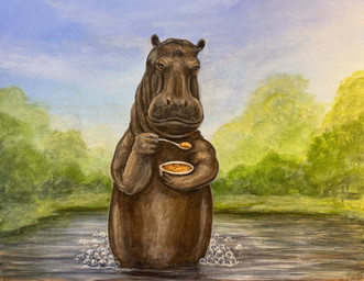 ambiguous_gender body_of_water brown_body creme_brulee cutlery feral forest kitchen_utensils outside plant pond sky solo spoon tools tree water travis_chapman common_hippopotamus hippopotamid mammal acrylic_painting_(artwork) painting_(artwork) traditional_media_(artwork) traditional_painting_(artwork)