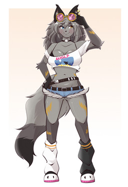 amber_eyes ankle_socks anthro belt blue_eyes blush bottomwear bra breasts bullet butt butt_from_the_front choker claws cleavage clothed clothing crop_top ear_piercing ear_ring eyelashes eyewear eyewear_on_head female finger_claws fluffy fluffy_tail footprint footwear front_view fur glasses glasses_on_head grey_body grey_fur grey_hair grey_inner_ear_fluff hair hand_on_hip heterochromia holding_eyewear holding_glasses holding_object hotpants inner_ear_fluff jewelry looking_aside midriff multiple_belts navel necklace pawprint piercing pose ring_piercing shirt shoes shorts simple_background smile socks solo standing tail topwear tuft underwear white_background zevulpes epic_games fortnite wolfie_(fortnite) canid canine canis mammal wolf 2026 absurd_res full-length_portrait hi_res pinup portrait