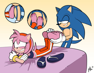 5_toes anthro barefoot bed blue_body blue_fur bottomwear clothing colored_nails duo feet female foot_fetish foot_focus foot_on_chest footwear fur furniture holding_feet humanoid_feet lying male male/female nails on_bed on_front pants pink_body pink_fur plantigrade red_bottomwear red_clothing red_nails red_pants red_toenails sandals sandals_removed shoes soles toenails toes lettuce_(artist) sega sonic_the_hedgehog_(series) amy_rose sonic_the_hedgehog eulipotyphlan hedgehog mammal 2025 absurd_res hi_res