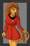 anthro biped border breasts brown_hair cheek_tuft clothed clothing dress facial_tuft fangs female front_view fur grey_background grey_border hair holding_tail inner_ear_fluff long_hair looking_at_viewer pupils short_dress simple_background slit_pupils smile solo standing tail tail_tuft tan_body tan_fur teeth three-quarter_view tuft uniform yellow_eyes spiggy-the-cat star_trek star_trek_the_animated_series m'ress caitian felid mammal 2013 hi_res