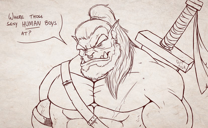 abs beard biceps ear_piercing eyebrows facial_hair facial_piercing facial_scar front_view grey_background hair humanoid_pointy_ears long_hair male melee_weapon muscular muscular_humanoid muscular_male nose_piercing nose_ring not_furry notched_ear pecs piercing pointy_ears ponytail question_mark ring_piercing scar septum_piercing simple_background solo speech_bubble stated_homosexuality stated_sexuality sword teeth text thick_eyebrows tusks weapon skaifox humanoid orc 2017 bust_portrait english_text greyscale monochrome pen_(artwork) portrait traditional_media_(artwork)