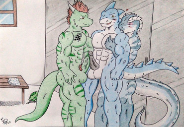 abs anthro army army_helmet balls barazoku behind_another bench biceps bite black_penis blue_body bodily_fluids brown_hair chest_tattoo detailed_background facial_spikes frottage genitals green_body green_penis green_scales green_skin group hair hand_on_chest heart_symbol horn hug hugging_another hugging_from_behind leg_muscles locker locker_room male male/male manly muscle_tone muscular muscular_anthro muscular_male neck_bite nude nude_anthro nude_male obliques pecs penile penis penises_touching pubes rattle_(anatomy) scales sex spikes spikes_(anatomy) sweat sweatdrop tail tattoo thick_penis thick_tail towel trio vein veiny_arms veiny_penis white_balls window yellow_eyes dashthefox mythology leopold_(vindico) dragon mythological_creature mythological_scalie reptile scalie snake detailed hi_res traditional_media_(artwork)