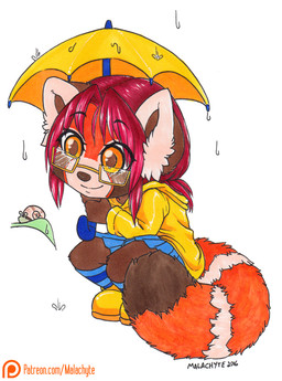 ambiguous_gender anthro big_tail biped black_markings black_nose boots bottomwear brown_body chibi clothed clothing coat countershade_face countershading crouching dipstick_tail duo extreme_size_difference eyebrows eyestalks eyewear female feral fluffy fluffy_tail footwear glasses green_eyes hair larger_anthro larger_female legless legwear looking_at_another markings pattern_clothing pattern_footwear pattern_legwear pattern_socks raincoat raining red_hair ring_(marking) ringed_tail shell shoes short_hair simple_background size_difference skirt smaller_ambiguous smaller_feral smile socks striped_clothing striped_footwear striped_markings striped_socks striped_tail stripes tail tail_markings topwear umbrella white_background white_ears white_markings yellow_boots yellow_clothing yellow_footwear malachyte kazu ailurid gastropod mammal mollusk red_panda snail 2016 hi_res traditional_media_(artwork)