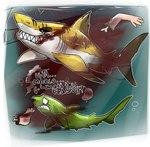 action_scene blood bodily_fluids bubble death dorsal_fin duo facial_scar feral fin gills gore green_body guts humor organs scar sharp_teeth teeth text underwater water white_body yellow_body imperatorcaesar fish marine shark english_text