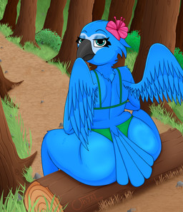 anthro anthrofied armwear big_butt bikini blue_eyes butt clothing detailed_background elbow_gloves elbow_gloves_only eyeshadow female flower_on_head forest gloves gloves_only grass green_bikini green_clothing green_swimwear handwear handwear_only high-angle_view huge_butt log looking_back makeup mostly_nude plant rear_view rock shrub sitting solo swimwear thick_thighs tree two-piece_swimsuit wide_hips wings wood onyxmeow blue_sky_studios rio_(series) jewel_(rio) avian bird macaw neotropical_parrot parrot spix's_macaw true_parrot absurd_res hi_res