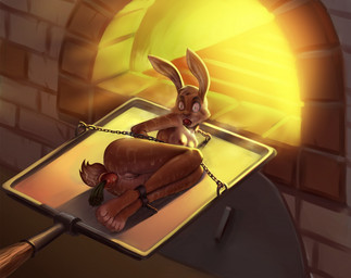 4_toes anal anal_penetration ankles_tied anthro anus apple apple_in_mouth appliance areola bound breasts butt carrot carrot_in_ass chain chained character_prepared_as_food feet female food food_fetish food_insertion food_play fruit fur genitals hair hands_behind_back hands_tied hands_tied_behind_back imminent_death improvised_sex_toy kitchen_appliance lying nipples nude object_in_ass on_side open_mouth oven oven_tray penetration plant snuff solo tail toes vegetable vulva conquistabear lagomorph leporid mammal rabbit digital_media_(artwork)