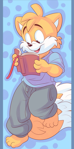 4_fingers 4_toes anthro blue_border book border bottomwear cheek_tuft clothing eyebrows facial_tuft feet fingers glistening glistening_nose male multi_tail no_shoes open_mouth open_smile pants raised_eyebrows reading reading_book simple_background smile solo tail toes topwear tuft young young_male roarey_raccoon sega sonic_the_hedgehog_(series) miles_prower canid canine fox mammal hi_res