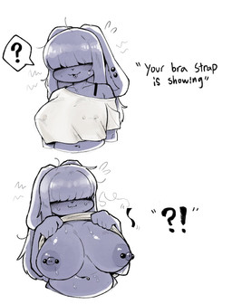anthro areola bangs barbell_piercing big_breasts breasts clothed clothing clothing_lift covered_eyes ear_piercing female fur hair hair_over_eyes huge_breasts humor interrobang navel navel_piercing nipple_dip nipple_piercing nipples open_mouth piercing shirt shirt_lift simple_background solo speech_bubble standing text topwear xeppir bra_strap_showing_(meme) indigo_(xeppir) lagomorph leporid mammal rabbit 2026 english_text hi_res meme