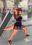 anthro brown_hair clothing dragon_slayer_(berserk) dress female fingers footwear greatsword hair long_hair long_tail melee_weapon orange_body orange_scales photo_background sandals scales shoes snout solo spikes spikes_(anatomy) struggling_to_lift sword tail tan_body tan_scales weapon rsbr berserk_(series) cavemanon_studios goodbye_volcano_high snoot_game rosa_(gvh) aquilops ceratopsian dinosaur human mammal ornithischian prehistoric_species reptile scalie 2023 artist_name digital_drawing_(artwork) digital_media_(artwork) meme photography_(artwork) watermark