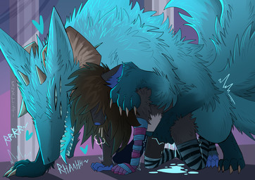 6_legs anthro anthro_on_feral anthro_penetrated bestiality blue_body blue_eyes blue_skin bodily_fluids brown_hair cum cum_inside cum_on_ground duo female female_anthro female_on_feral feral feral_on_top feral_penetrating feral_penetrating_anthro from_behind_position fur genital_fluids grey_body grey_fur hair larger_feral larger_male male male/female male_feral mating_grip mounting multi_eye multi_limb multi_tail penetration prosthetic prosthetic_arm prosthetic_limb sex size_difference smaller_anthro smaller_female tail pankallisti circe_(pankallisti) duodeko_(pankallisti) canid canine mammal monster murid murine rat rodent hi_res