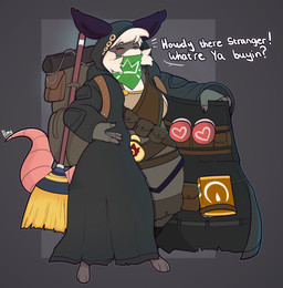 3_toes anthro backpack barefoot blush book broom cleaning_tool clothed clothing coat eyes_closed feet female fingerless_gloves gloves handwear open_clothing open_coat open_topwear paws pockets potion simple_background solo tail text toes topwear almy atlyss capcom resident_evil merchant_(resident_evil) sally_(atlyss) american_opossum mammal marsupial virginia_opossum absurd_res crossover digital_media_(artwork) hi_res