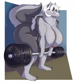 anthro areola big_breasts breasts erect_nipples exercise female huge_breasts looking_at_viewer nipples nude smile smirk solo weightlifting workout pillowymounds canid canine canis mammal wolf hi_res