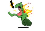 ambiguous_gender burning butt_on_fire exclamation_point fire flytermo flytermo2 game_freak generation_3_pokemon green_body hand_on_butt multicolored_body nintendo open_mouth pain pokemon pokemon_(species) red_body simple_background solo treecko two_tone_body